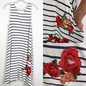 Socialite Striped Dress Pockets Embroidered Floral